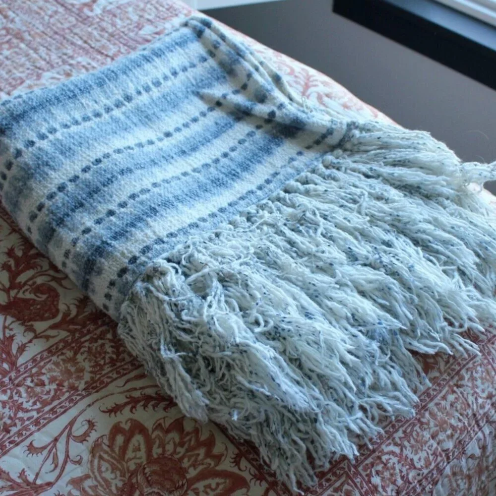 Set of 2 Zippered Fringe Pillow Shams Blue White Geometric Cotton Made in India